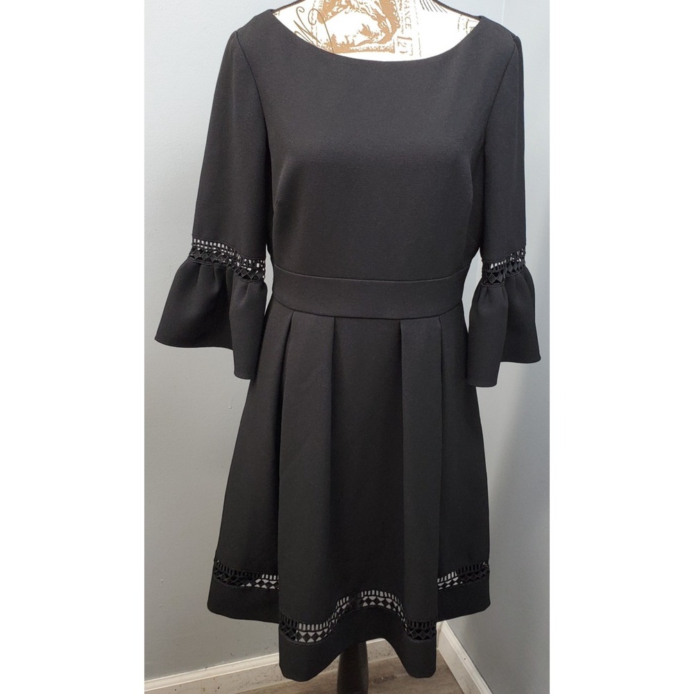 Eliza J Fit & Flare Dress Women 10 Black Lined Crochet Trim Bell Sleeve Back Zip